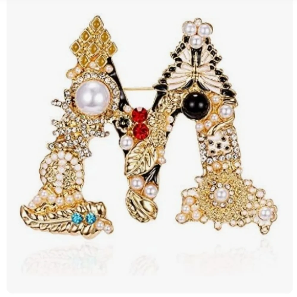 Gold Pearl & Crystal 'M' Monogram Brooch - Elegant Women's Jewelry